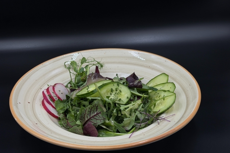 Tavaszi kevert saláta retek, uborka, zöldfűszerek, citrus vinaigrette