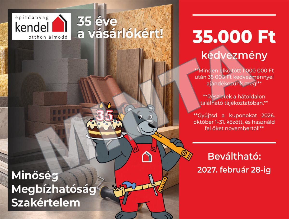 A Kendel 35 éves születésnapi ajándékutalványa: 35 000 Ft kedvezmény, beváltható 2027. február 28-ig (minta)